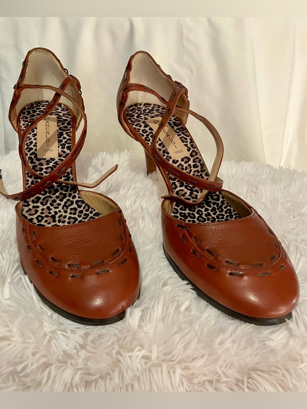 Women's Cognac Strappy Mid-Heel Pumps